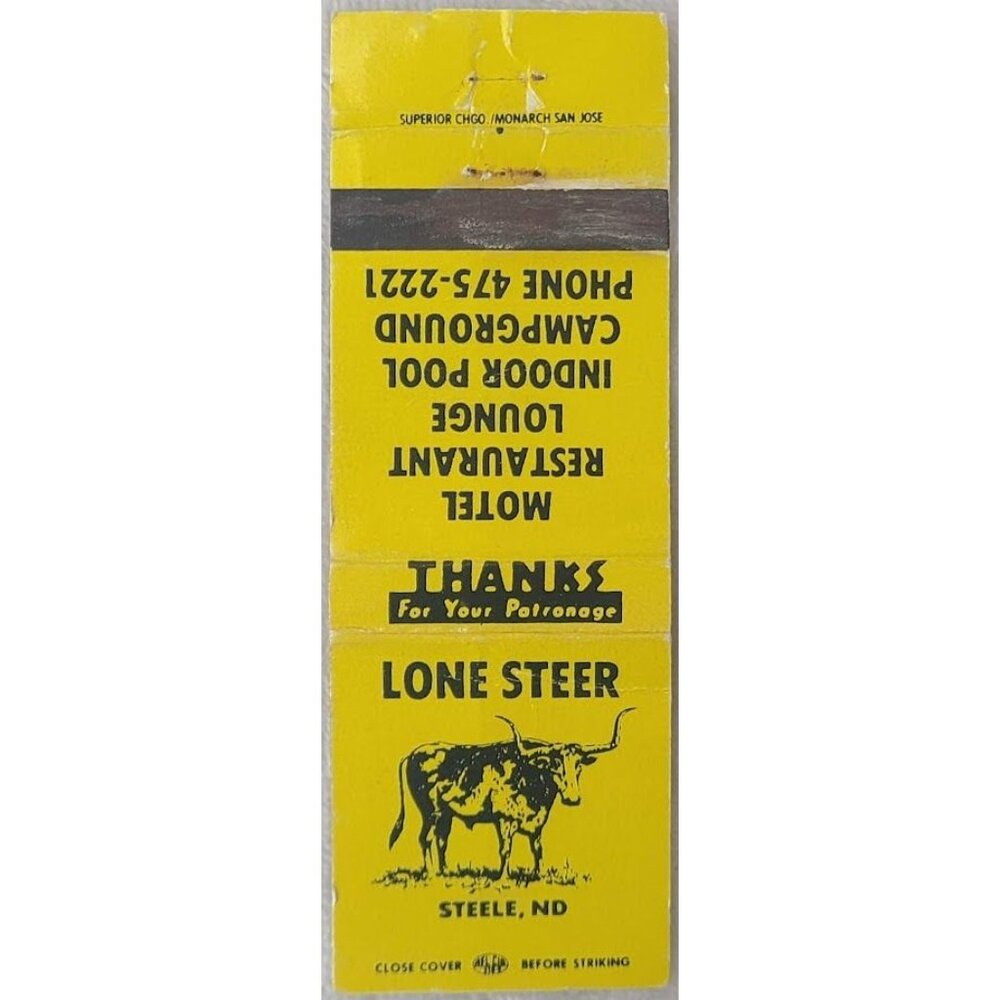 Matchbook Cover Lone Steer Motel Restaurant Lounge Steele ND North Dakota